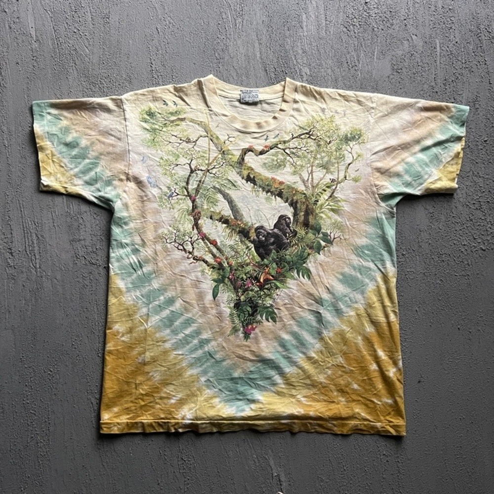 Vintage Liquid Blue Shirt XL Yellow 1990s Gorilla Jungle Nature Tie Dye